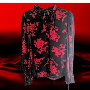 Haver London XS long sleeve black and red floral polyester woman's blouse.